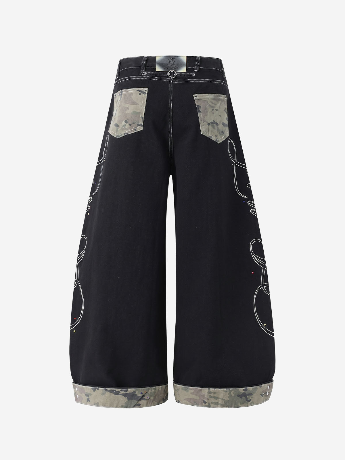 Camo Patchwork Rhinestone Embroidered Straight-Leg Jeans
