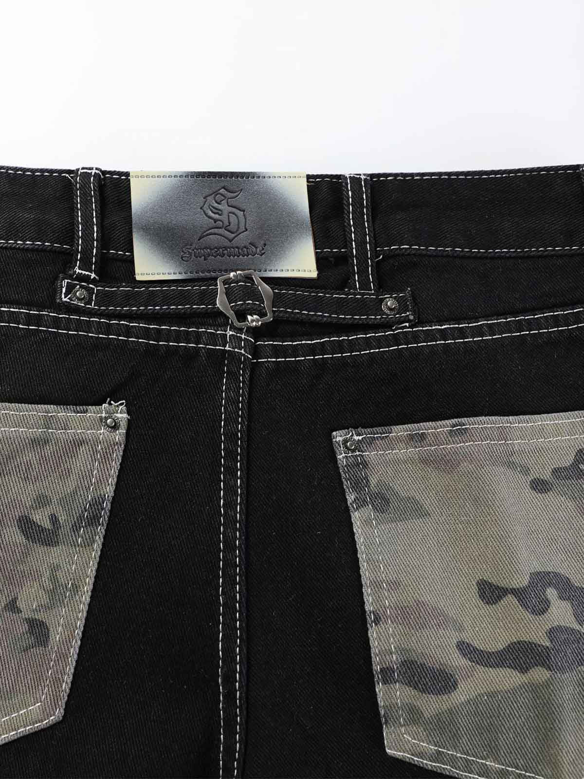 Camo Patchwork Rhinestone Embroidered Straight-Leg Jeans