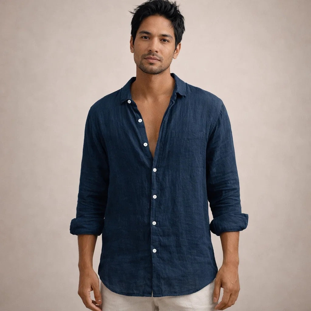 Adrián | Camicia di Lino Uomo Manica Lunga Collo Aperto