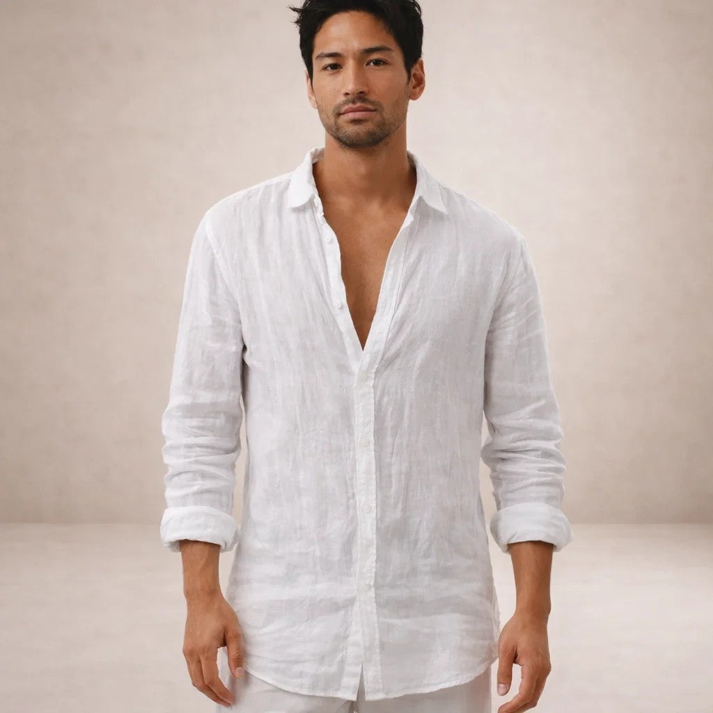 Adrián | Camicia di Lino Uomo Manica Lunga Collo Aperto
