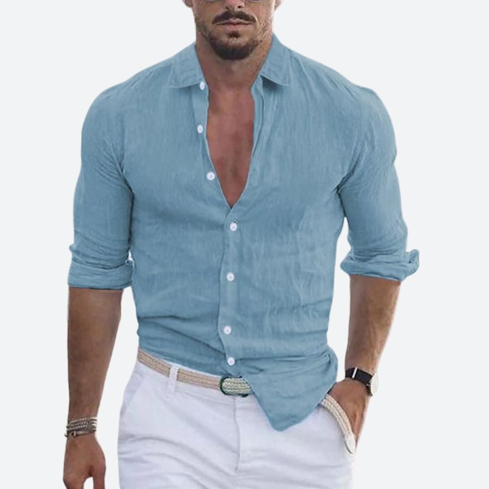 Camicia di Lino Uomo Manica Lunga Collo Aperto Slim Fit