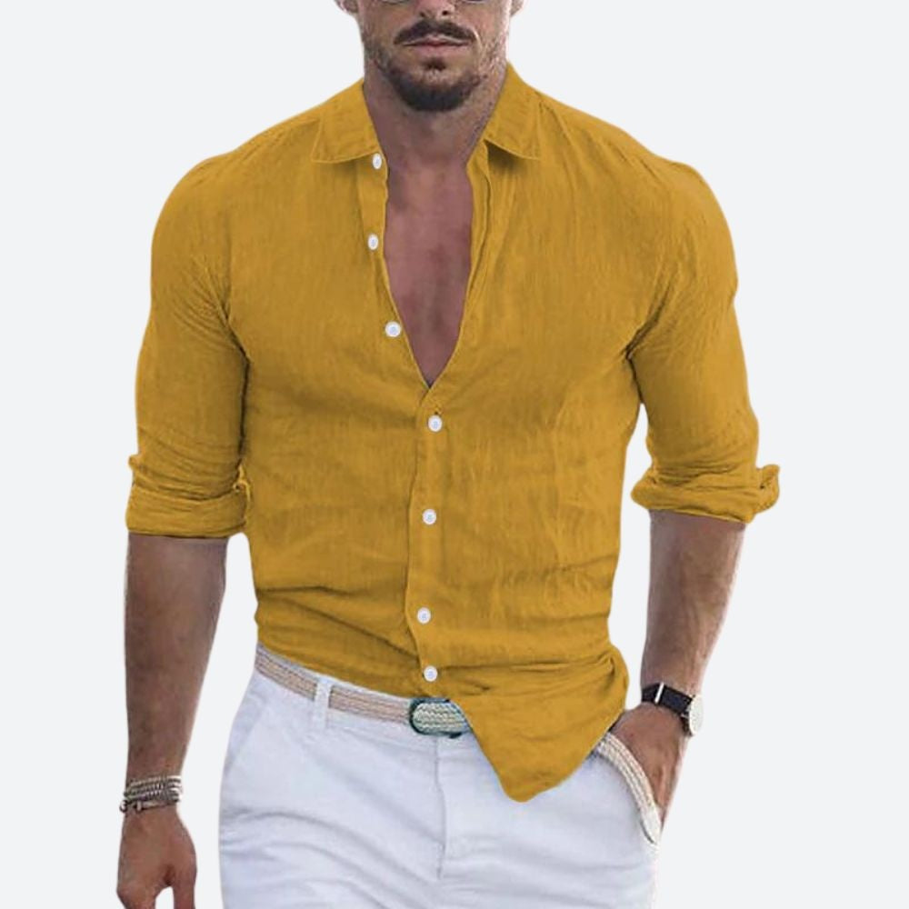 Camicia di Lino Uomo Manica Lunga Collo Aperto Slim Fit