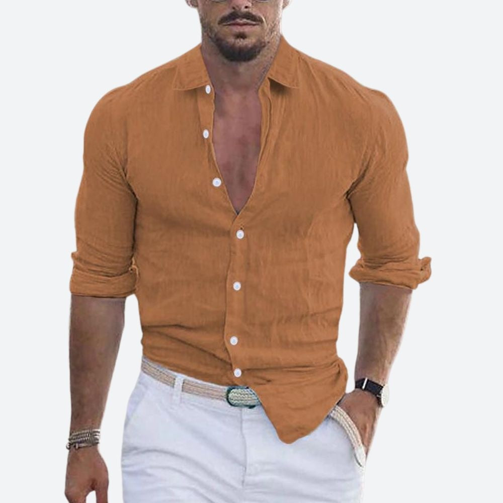 Camicia di Lino Uomo Manica Lunga Collo Aperto Slim Fit
