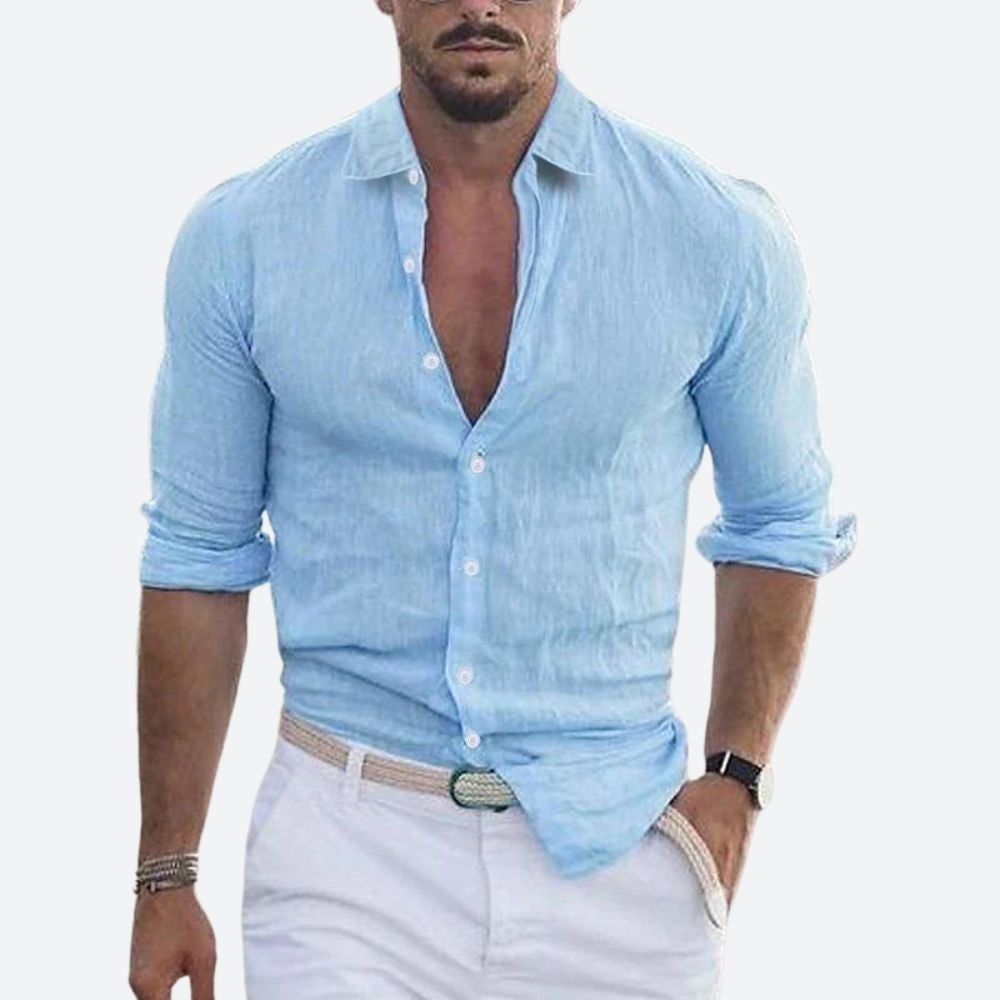 Camicia di Lino Uomo Manica Lunga Collo Aperto Slim Fit