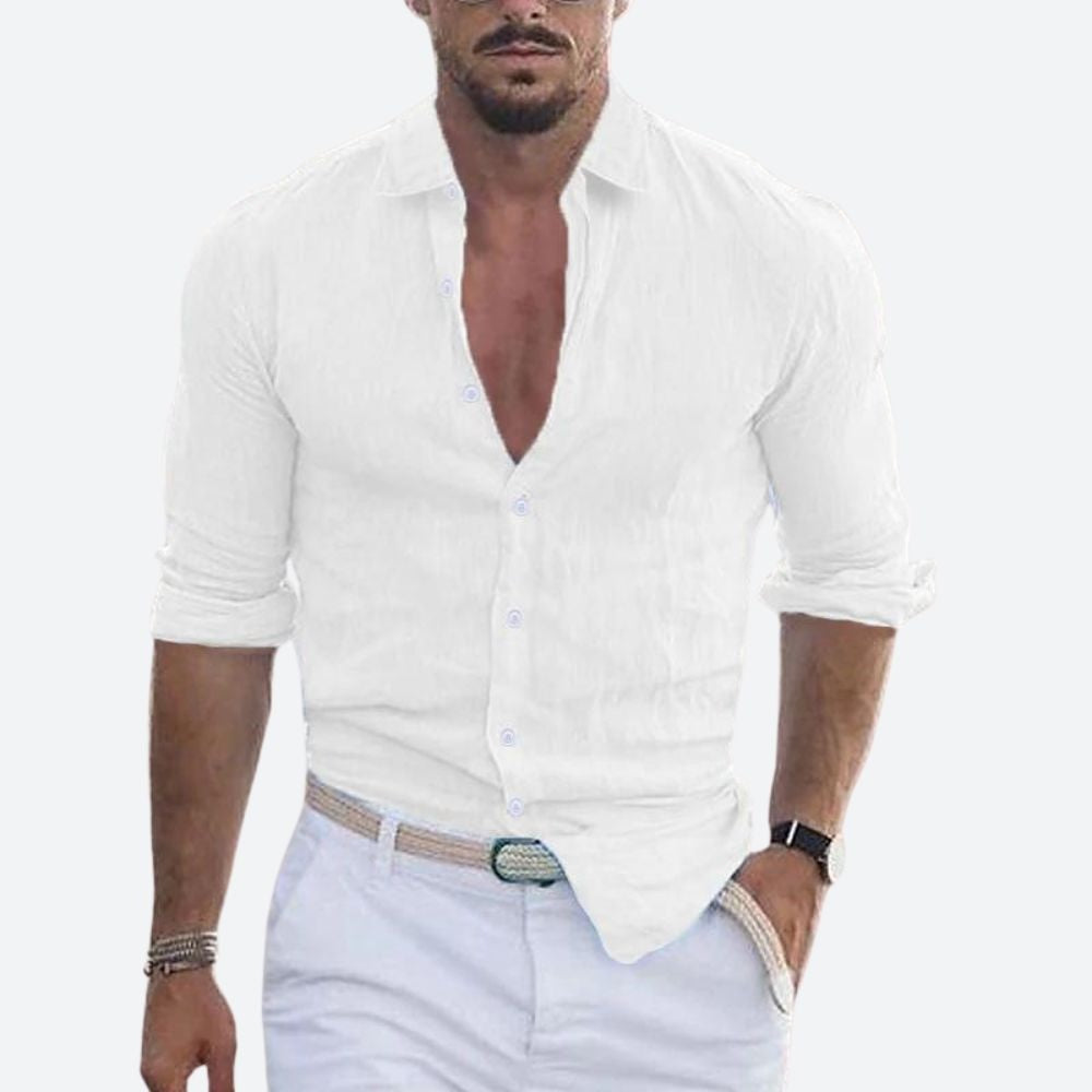 Camicia di Lino Uomo Manica Lunga Collo Aperto Slim Fit
