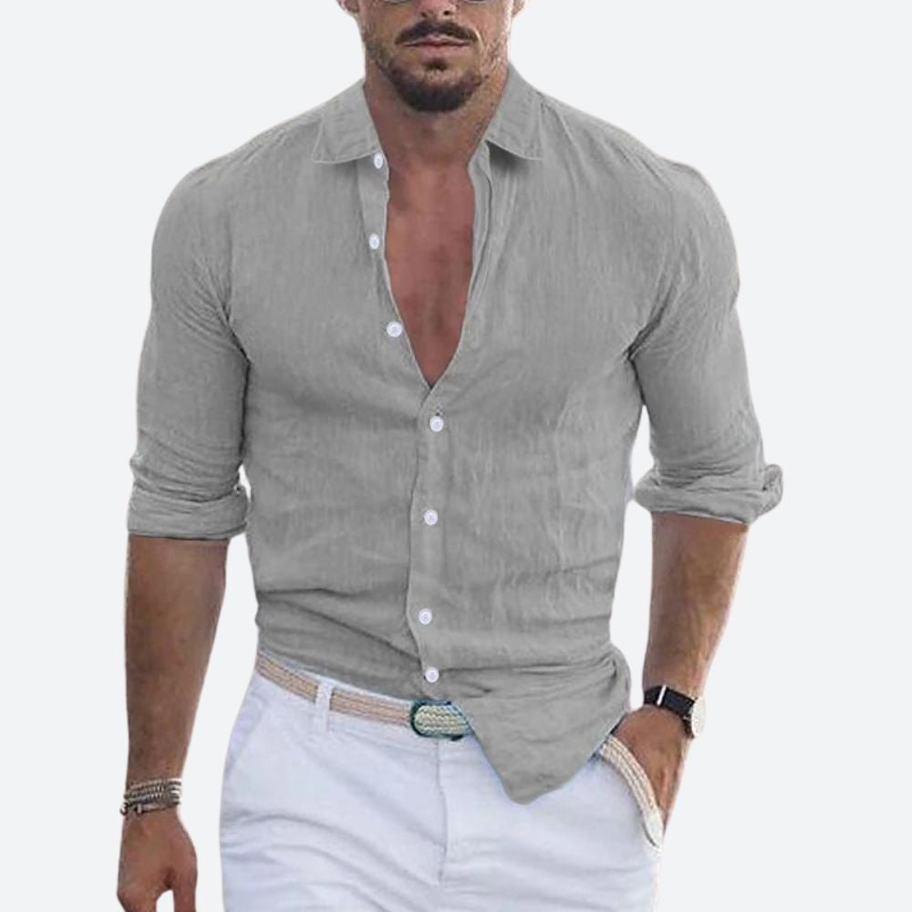 Camicia di Lino Uomo Manica Lunga Collo Aperto Slim Fit