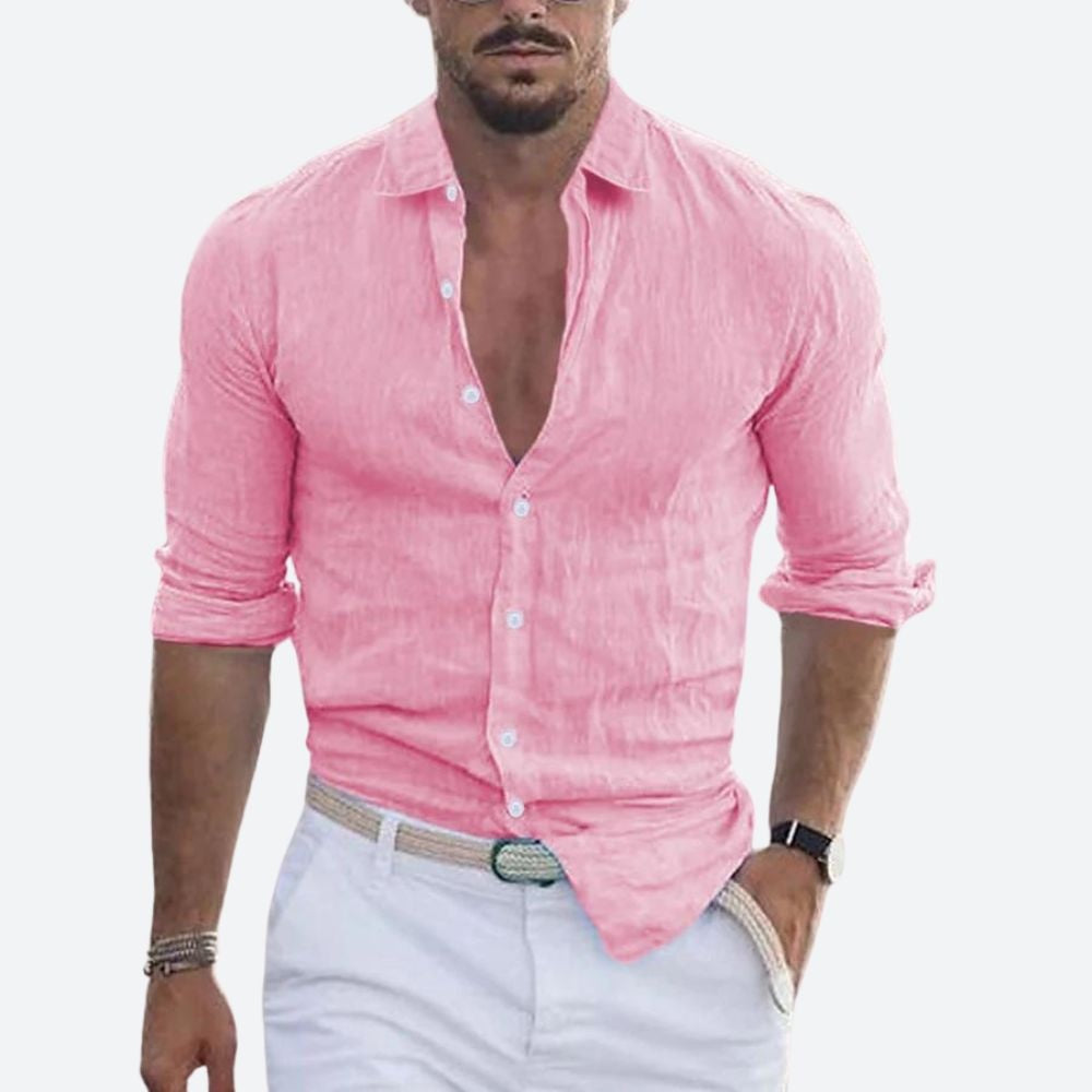 Camicia di Lino Uomo Manica Lunga Collo Aperto Slim Fit