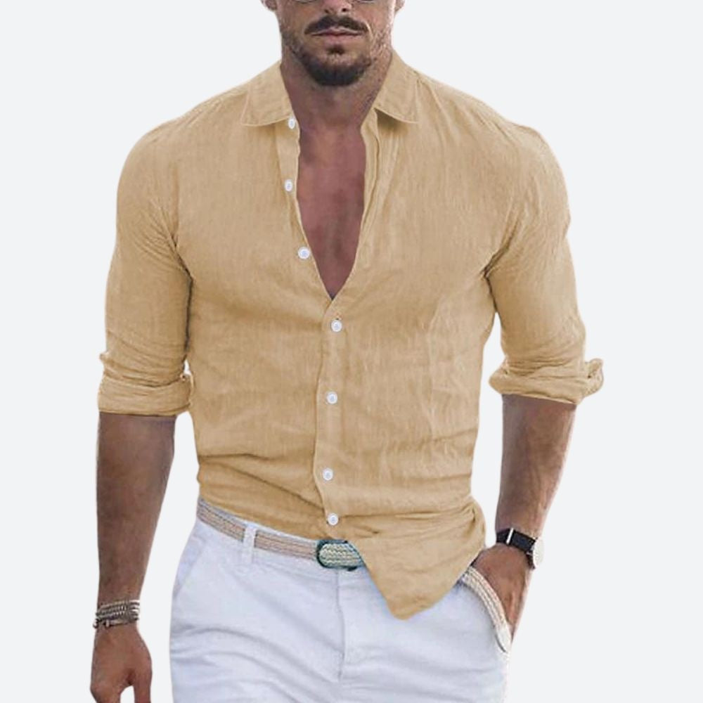 Camicia di Lino Uomo Manica Lunga Collo Aperto Slim Fit