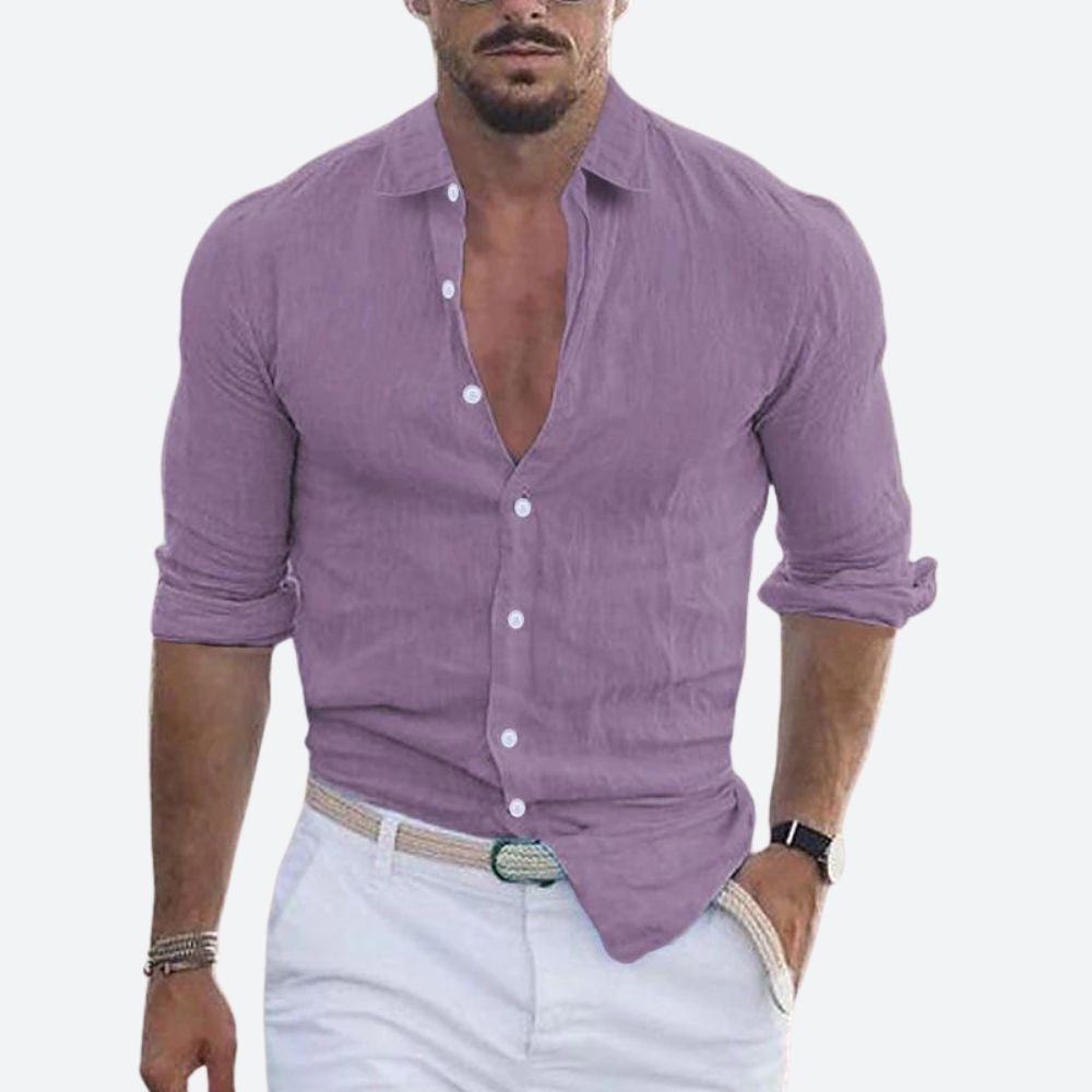 Camicia di Lino Uomo Manica Lunga Collo Aperto Slim Fit
