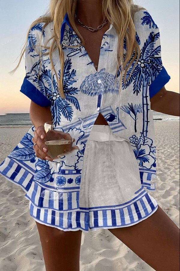 Alicia | Completo Camicia e Short Stampato Donna Manica Corta Estate Spiaggia