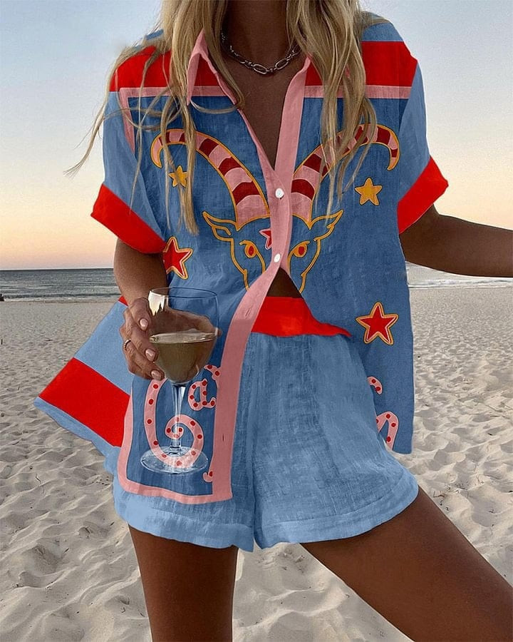 Alicia | Completo Camicia e Short Stampato Donna Manica Corta Estate Spiaggia