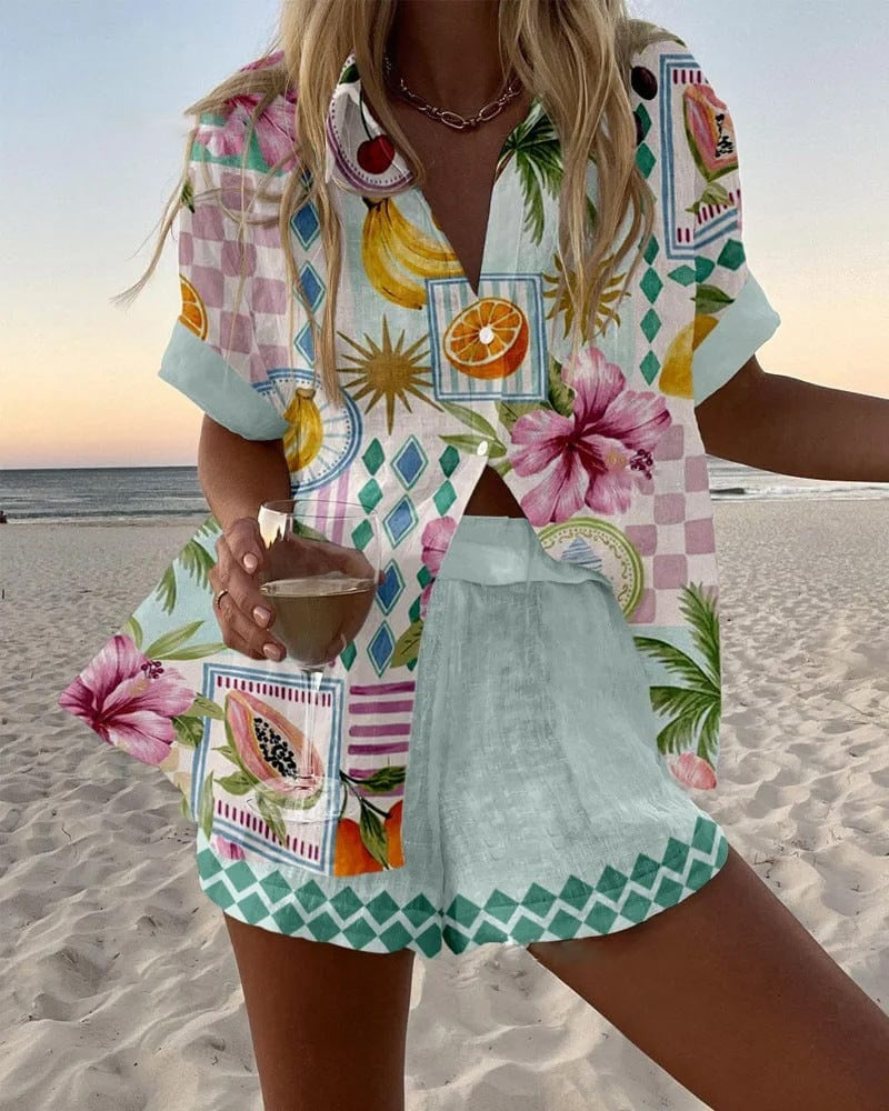 Alicia | Completo Camicia e Short Stampato Donna Manica Corta Estate Spiaggia