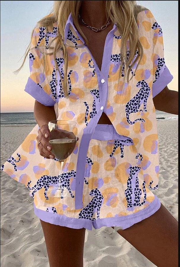 Alicia | Completo Camicia e Short Stampato Donna Manica Corta Estate Spiaggia