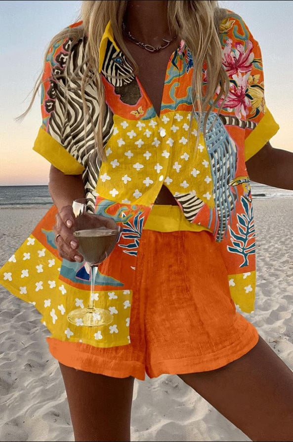 Alicia | Completo Camicia e Short Stampato Donna Manica Corta Estate Spiaggia