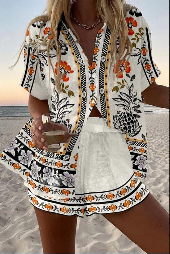 Alicia | Completo Camicia e Short Stampato Donna Manica Corta Estate Spiaggia