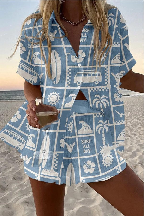 Alicia | Completo Camicia e Short Stampato Donna Manica Corta Estate Spiaggia