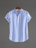 Camicia di Lino Manica Corta Uomo a Righe Collo Mao