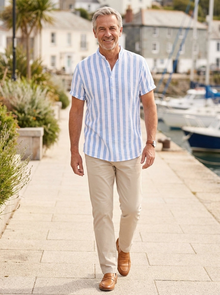 Camicia di Lino Manica Corta Uomo a Righe Collo Mao