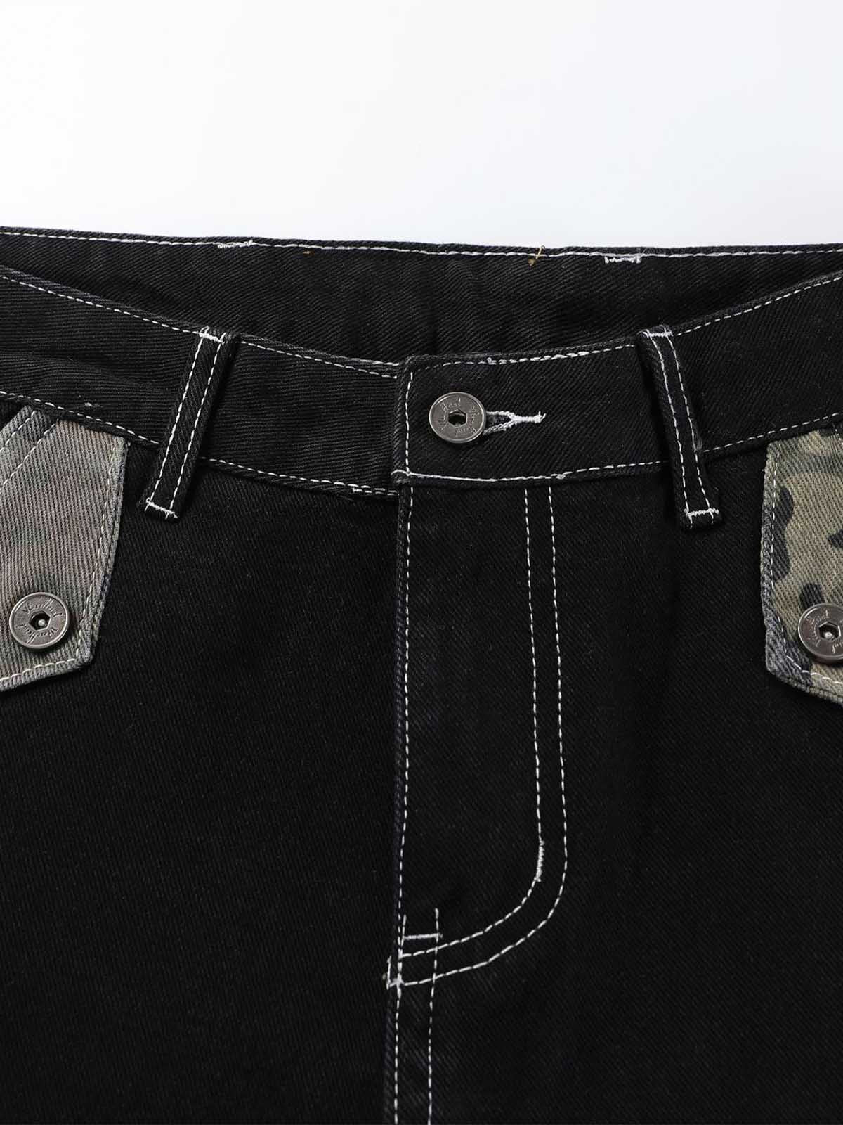 Camo Patchwork Rhinestone Embroidered Straight-Leg Jeans