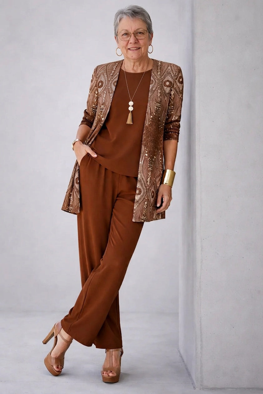 Covadonga | Completo a Tre Pezzi con Giacca di Paillettes Donna Pantalone Dritto