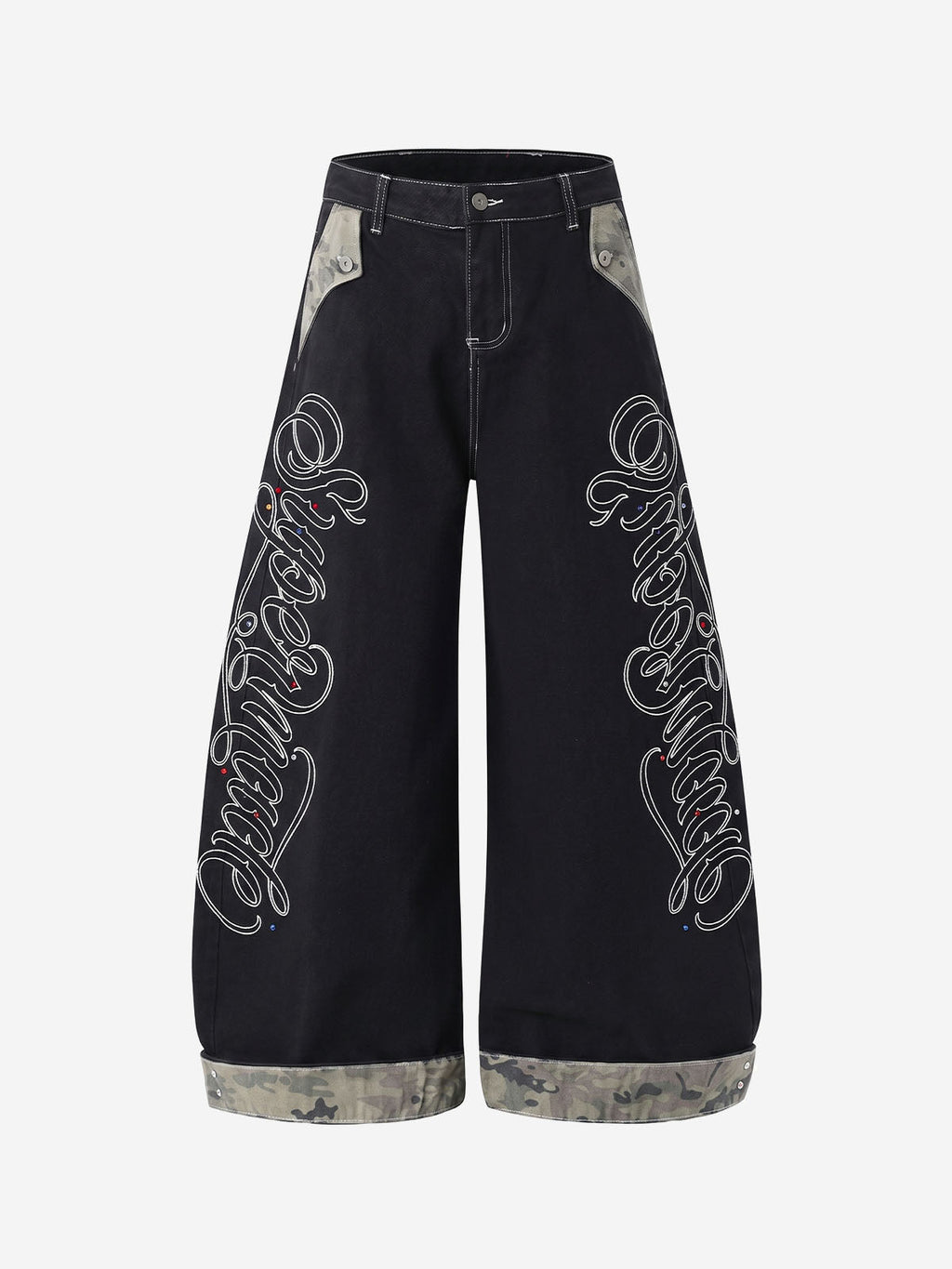 Camo Patchwork Rhinestone Embroidered Straight-Leg Jeans