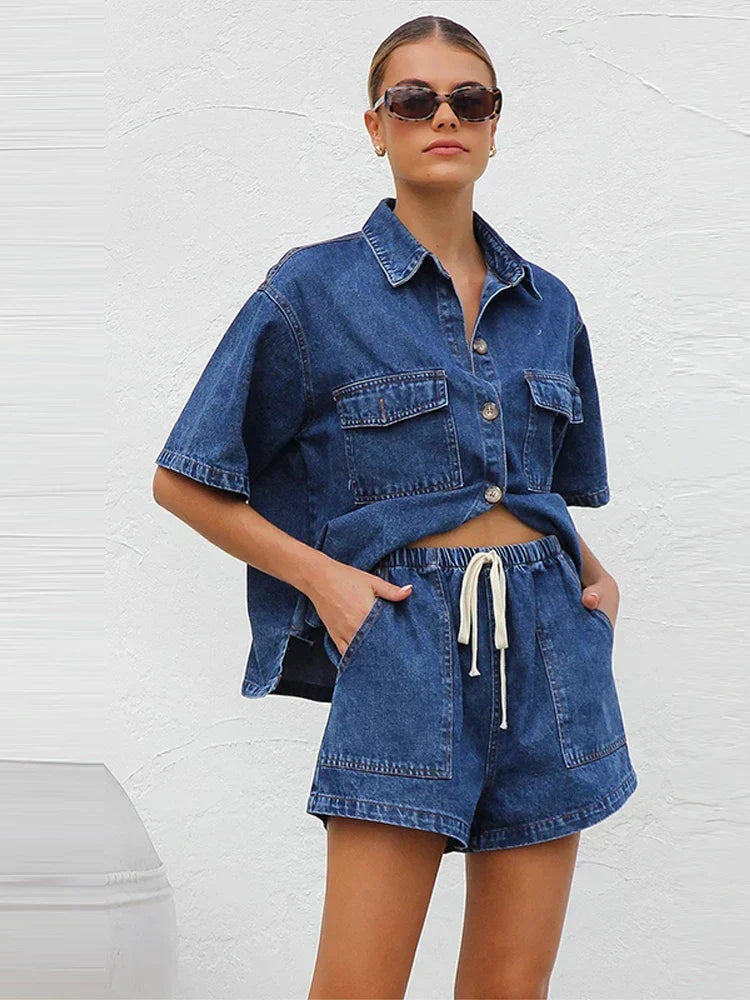 Esther | Completo in Denim Due Pezzi Donna Camicia Manica Corta Shorts