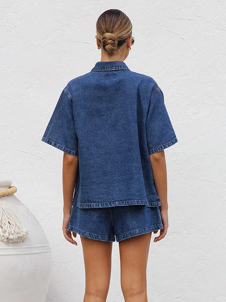 Esther | Completo in Denim Due Pezzi Donna Camicia Manica Corta Shorts