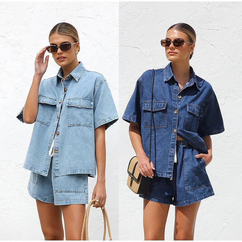 Esther | Completo in Denim Due Pezzi Donna Camicia Manica Corta Shorts