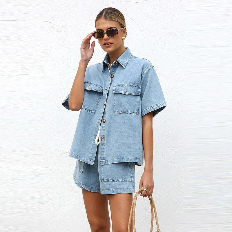 Esther | Completo in Denim Due Pezzi Donna Camicia Manica Corta Shorts