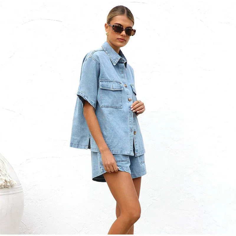 Esther | Completo in Denim Due Pezzi Donna Camicia Manica Corta Shorts