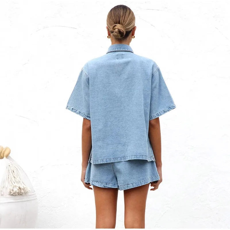 Esther | Completo in Denim Due Pezzi Donna Camicia Manica Corta Shorts