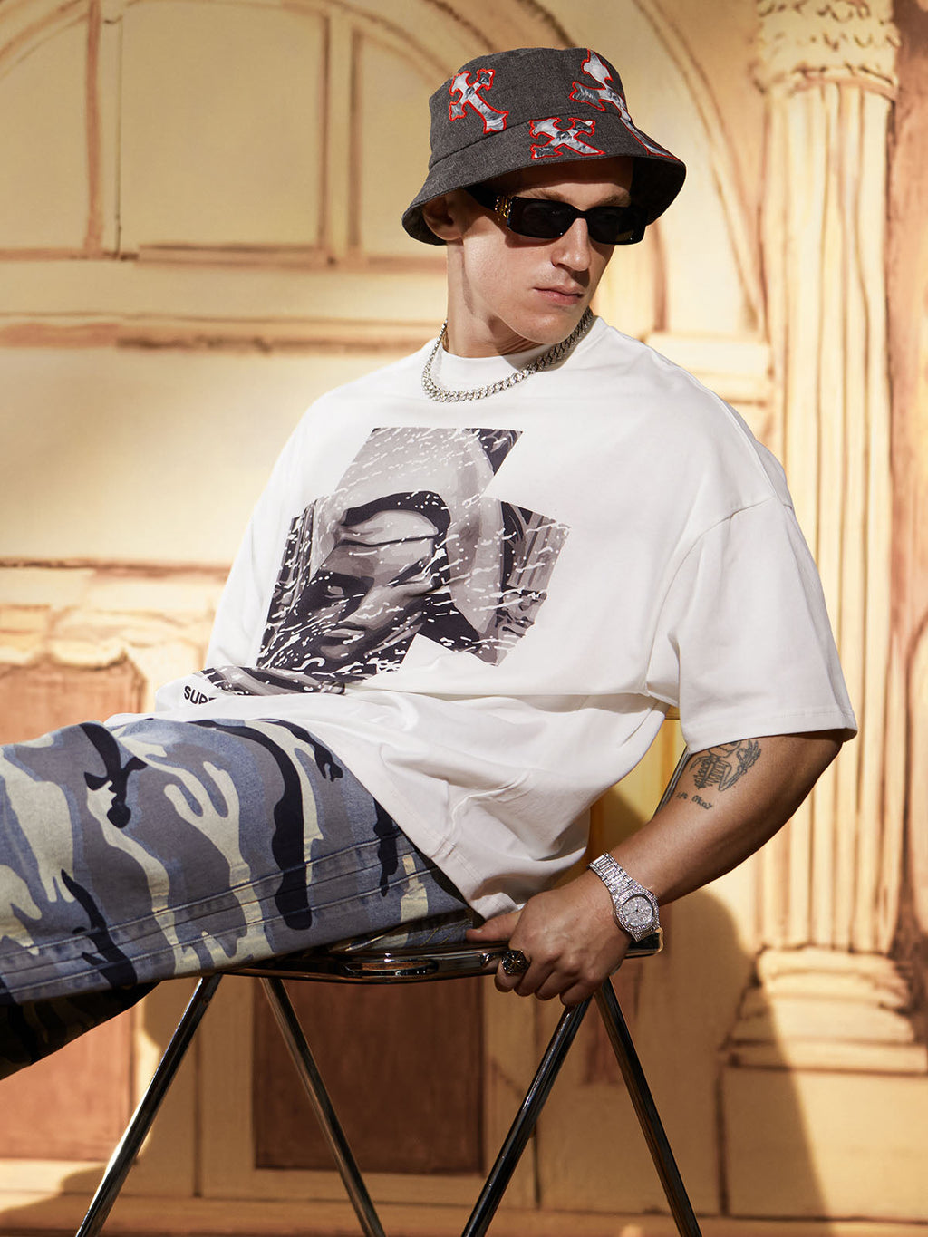 Cross And Portrait Denim Bucket Hat