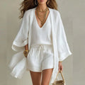 Inés | Completo di Lino a 3 Pezzi Donna Top Scollo a V Shorts e Kimono