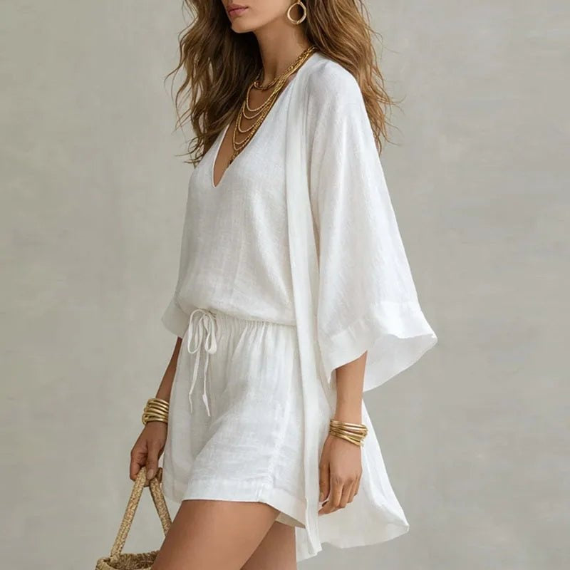 Inés | Completo di Lino a 3 Pezzi Donna Top Scollo a V Shorts e Kimono
