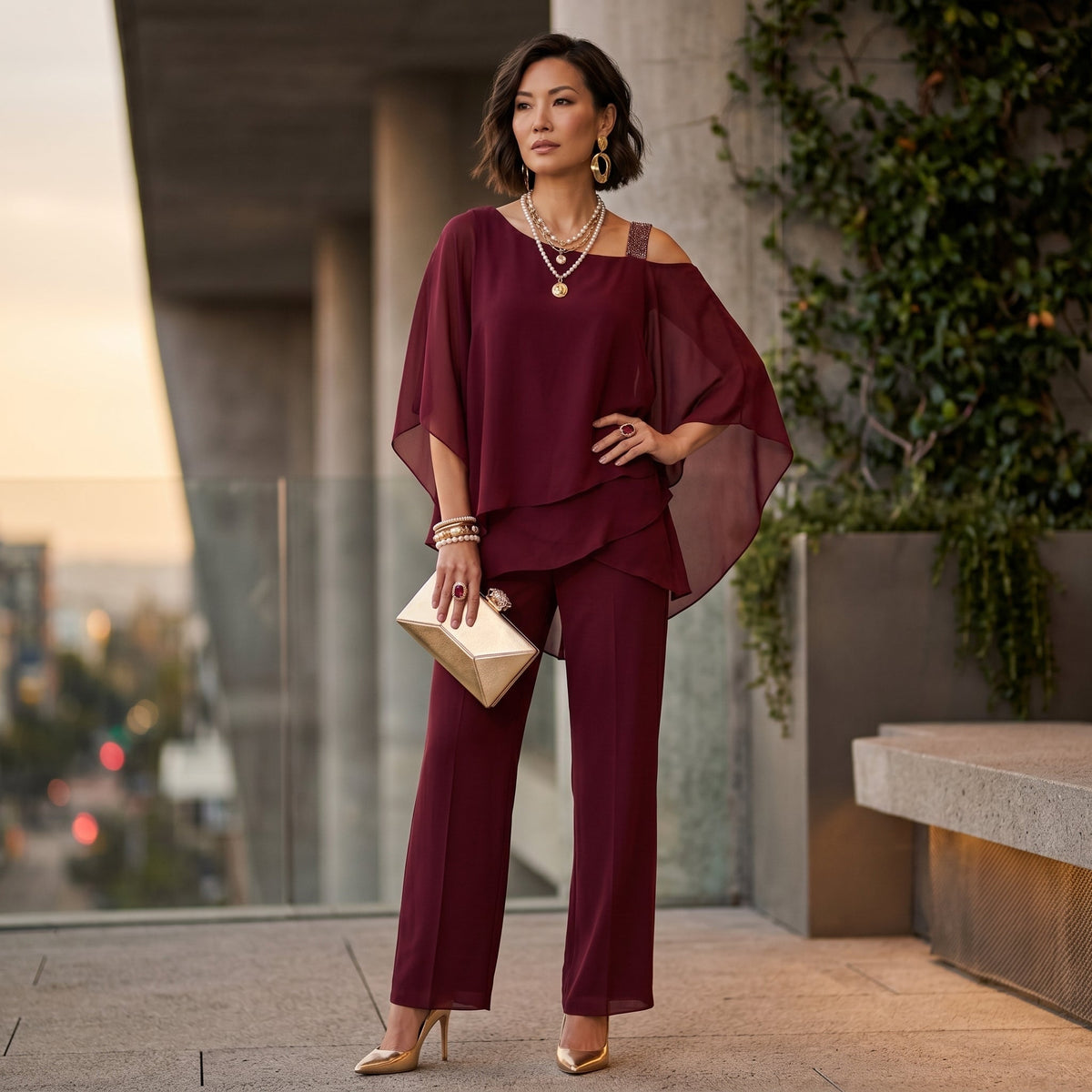Inmaculada | Completo Elegante di Chiffon Donna Scollo Asimmetrico