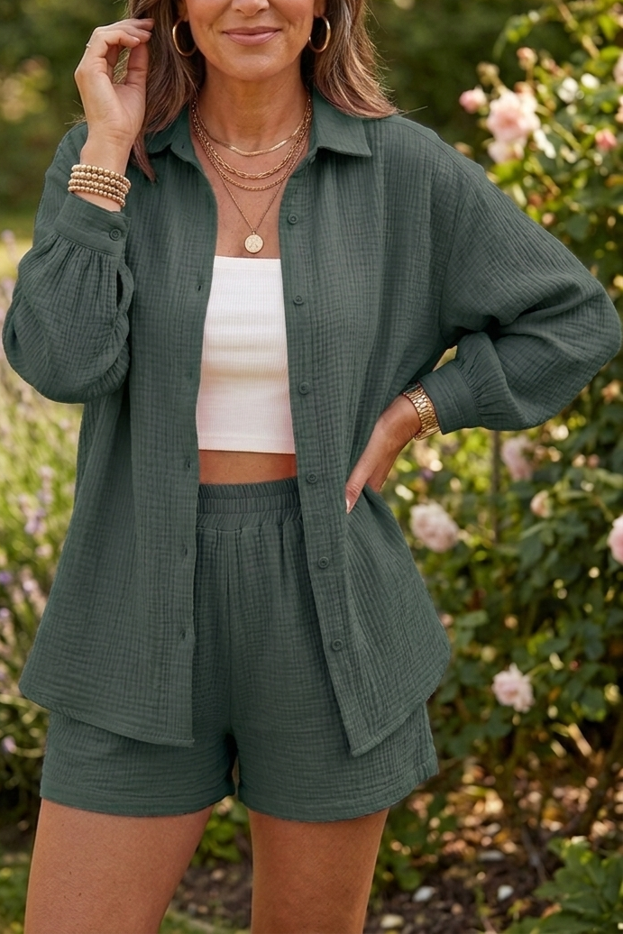 Leire | Completo Camicia e Short di Mussola Donna Manica Lunga