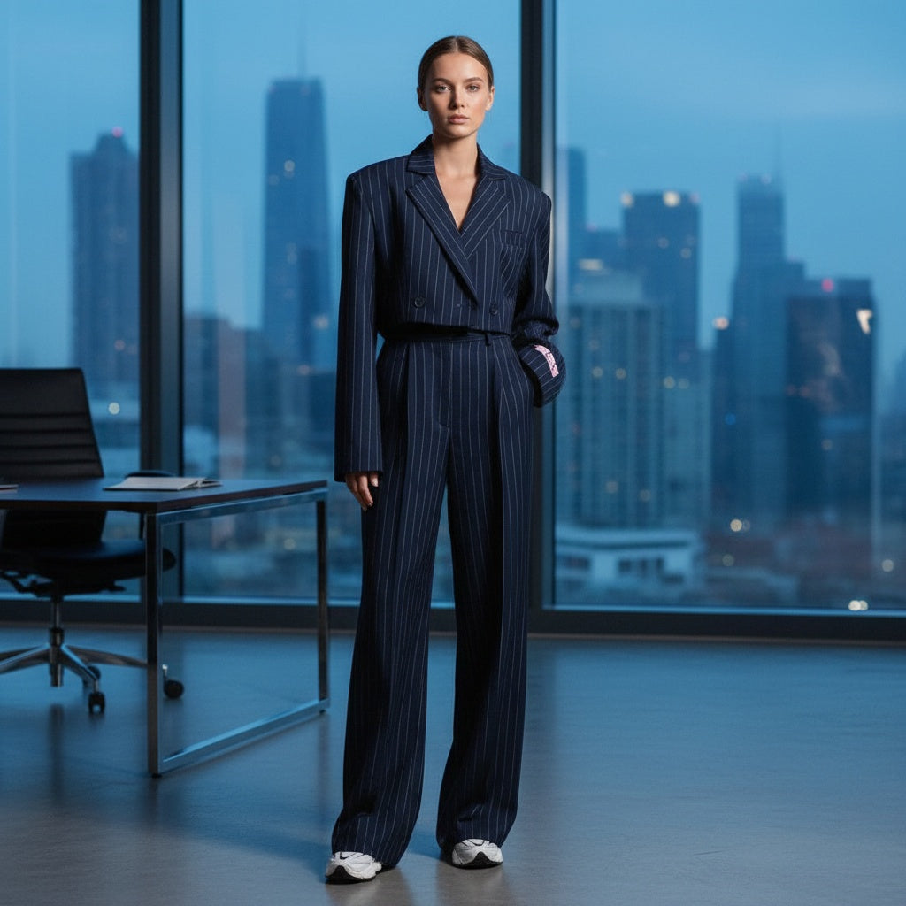 Marina | Completo Elegante a Righe Donna Blazer Cropped Pantalone Ampio