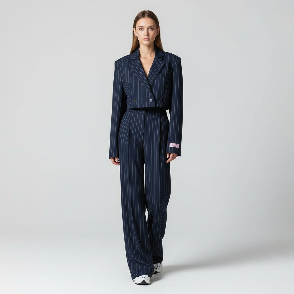 Marina | Completo Elegante a Righe Donna Blazer Cropped Pantalone Ampio