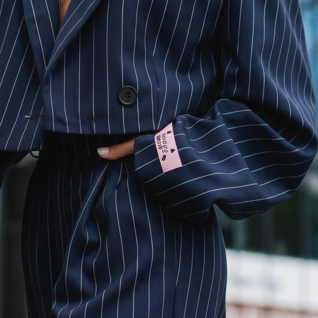 Marina | Completo Elegante a Righe Donna Blazer Cropped Pantalone Ampio