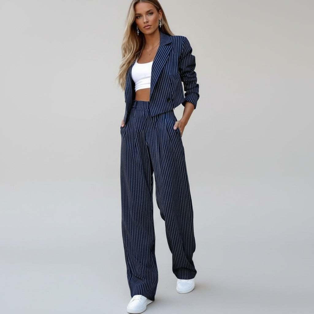 Marina | Completo Elegante a Righe Donna Blazer Cropped Pantalone Ampio