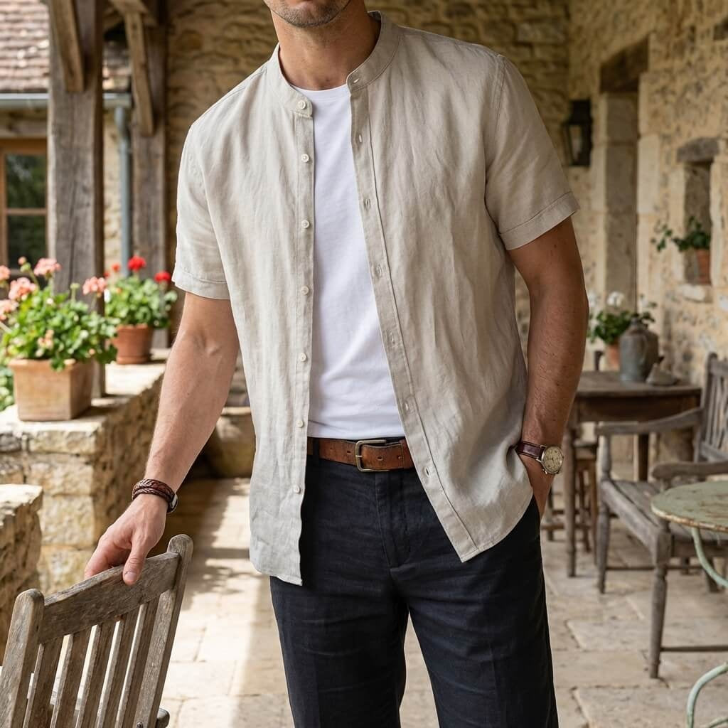 Miguel | Camicia di Lino Uomo Manica Corta Collo Mao