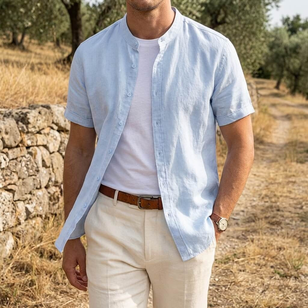 Miguel | Camicia di Lino Uomo Manica Corta Collo Mao