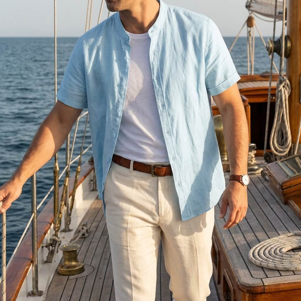 Miguel | Camicia di Lino Uomo Manica Corta Collo Mao