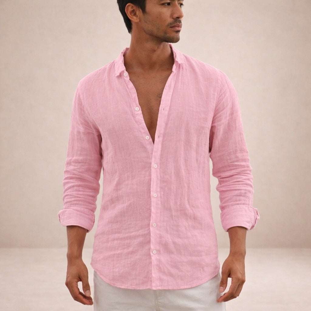 Pau | Camicia di Lino Uomo Manica Lunga Collo Mao