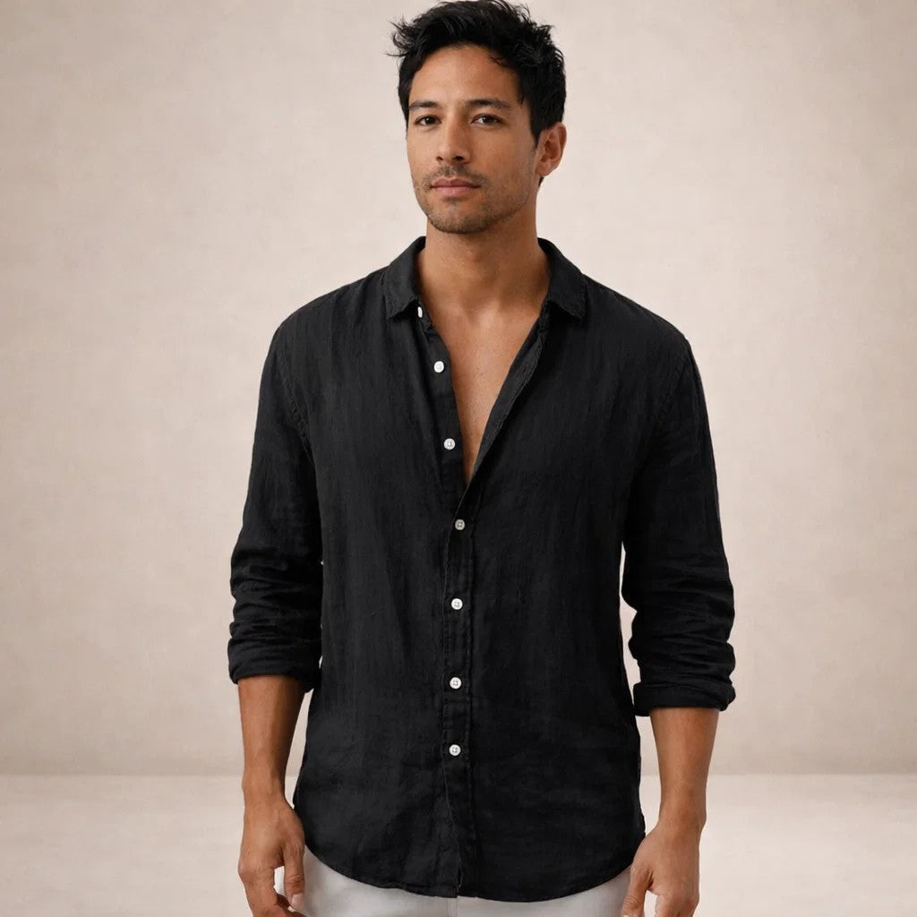 Pau | Camicia di Lino Uomo Manica Lunga Collo Mao