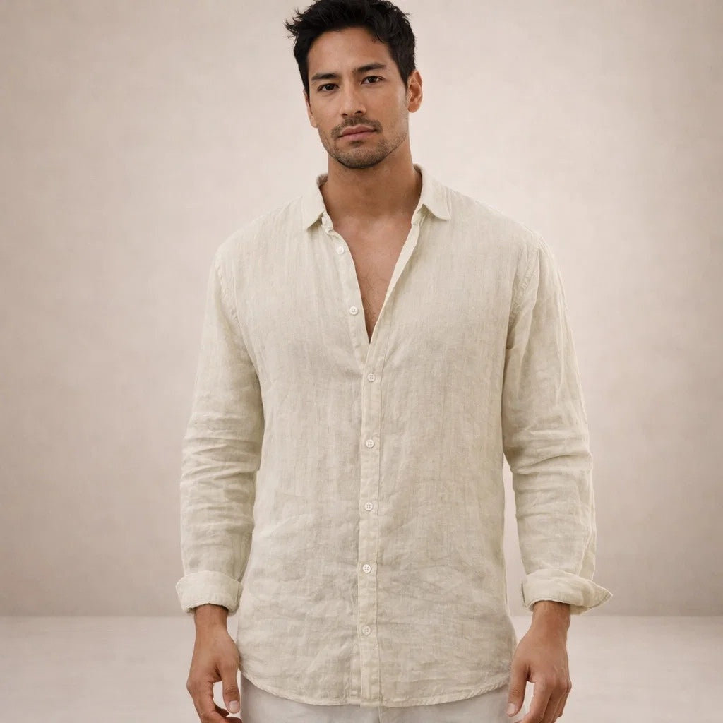 Pau | Camicia di Lino Uomo Manica Lunga Collo Mao