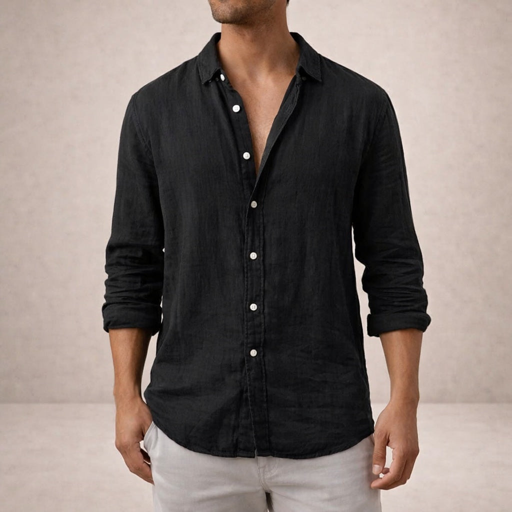 Pau | Camicia di Lino Uomo Manica Lunga Collo Mao