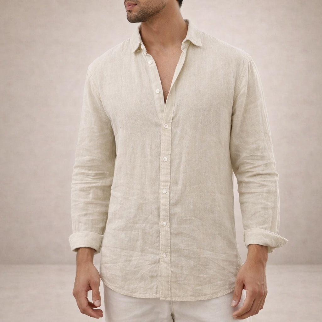 Pau | Camicia di Lino Uomo Manica Lunga Collo Mao