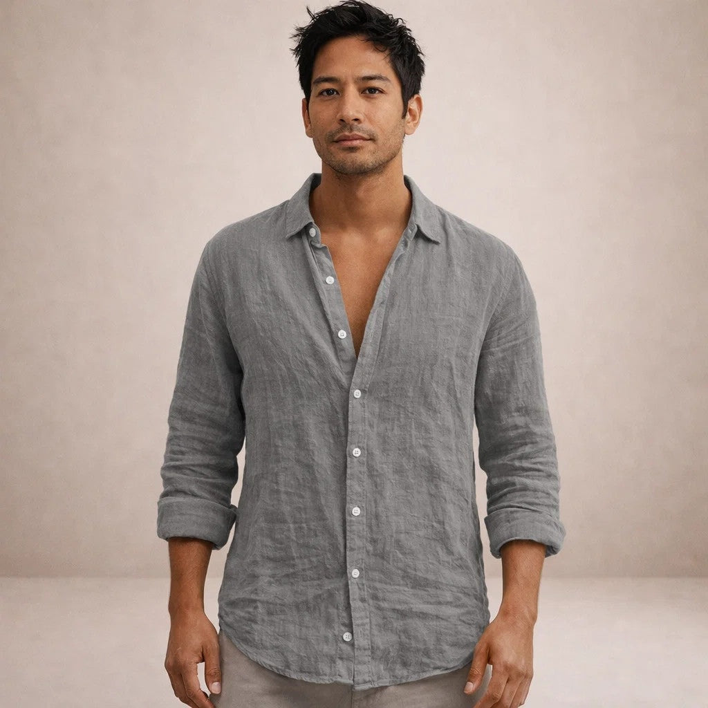 Pau | Camicia di Lino Uomo Manica Lunga Collo Mao