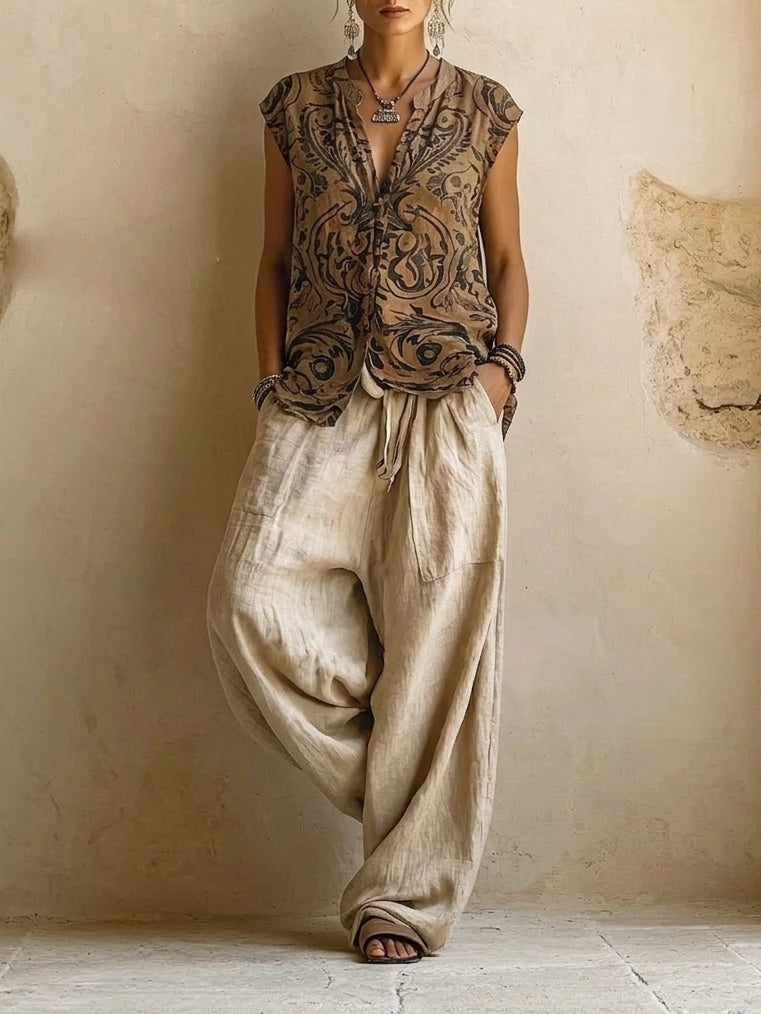 Remedios | Completo di Cotone e Lino a 3 Pezzi Donna Cardigan
